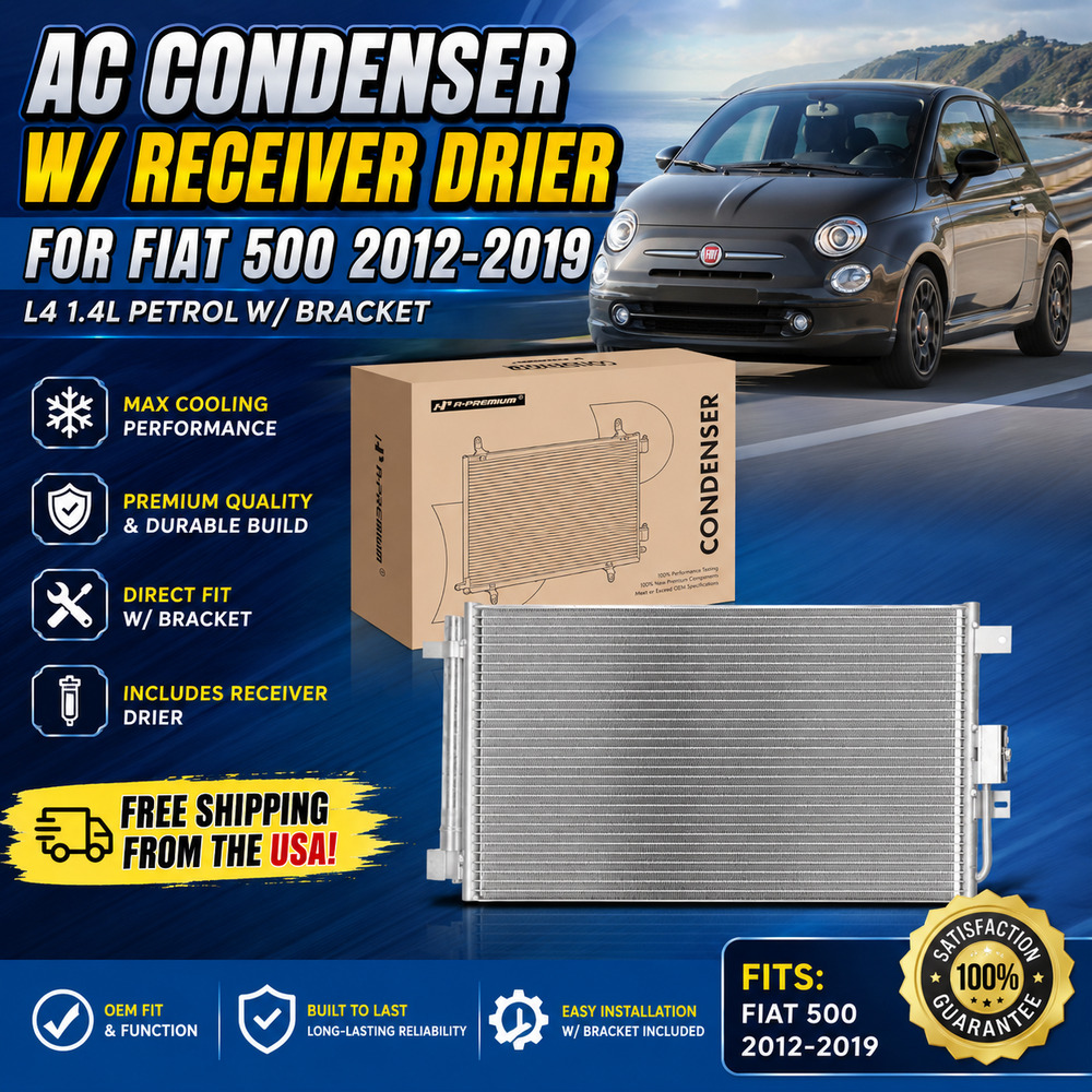 AC Condenser w/ Receiver Drier for Fiat 500 2012-2019 L4 1.4L Petrol w/ Bracket